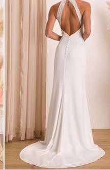 Lulu's White Satin Lace Backless Halter Maxi Formal, wedding Dress S