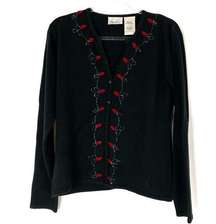 Kathie Lee | Vintage Black Rose Beaded Acrylic Button Cardigan Sweater L