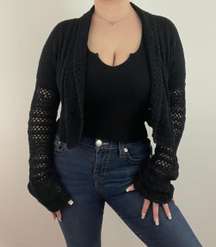 Vintage Y2K Black Crochet Bell Sleeve Open Drape Cropped Cardigan