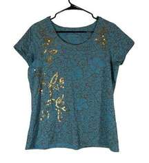 Coldwater Creek Teal & Gold Sequin Short Sleeve Scoop Neck Blouse Women Sz XL