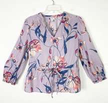 A New Day Lavender Floral Tie Waist Notch Neck Long Sleeve Blouse Shirt Top Sz S