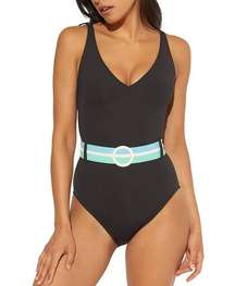 Bleu Rod Beattie Belted Tank One Piece Swimsuit Swimsuit Black 8 MSRP $129