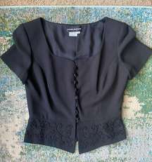 Vintage Donna Morgan beaded black fitted button down short sleeve blouse, size 8