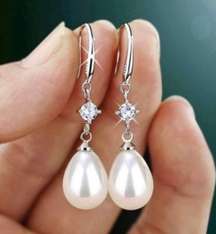 925 Silver Plated White Pearl Dangle Drop Earrings for Women