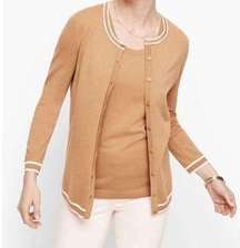 Talbots Cardigan Button Up Sweater Charming Tipped Tan 3/4 Sleeve