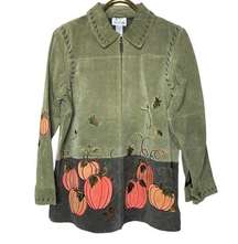 Quacker Factory Womens Medium Sage Green Suede Leather Jacket Pumpkins Autumn