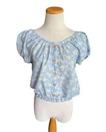 Womens Texas Girl Boutique Daisy Sky Print Button Down Crop Top - Sz XL