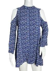 Angie Shirt Womens Small Blue White Floral Tunic Top Cutout Shoulders Open Back