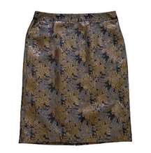 Liz Claiborne Career Skirt Gray Gold Metallic Jacquard Midi Dressy Skirt Size 14