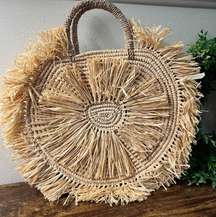 Circle Straw Bag Woven Cornhusk Natural Fringe Open Beach Bohemian Rattan Travel