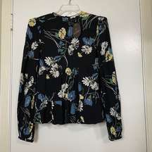 NEW! By TIMO BLACK FLORAL DAISY RUFFLE HEM SPRING BLOUSE TOP SIZE Small