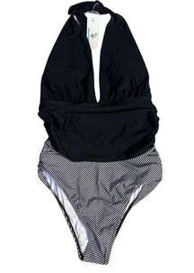 Beachsissi Women's Swimsuit Sz M New Halter Black White Ruched Sides Plunge