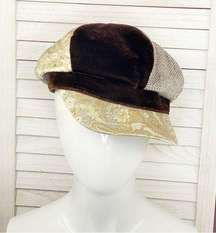 August Hat Company Paper Boy Cap Velvet Brocade Tweed Brown Gold