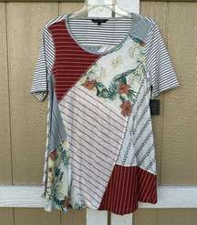 NEW John Mark Patchwork Floral Stripes Short Sleeve Tunic Top Women's Size Small