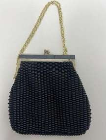 Vintage 50s Fine Arts Bag Co Beaded Handbag Clutch Evening Formal Black Gold