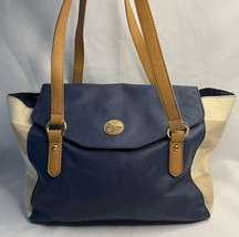 Tommy Hilfiger Shoulder Bag/Tote in Navy Leather & Cream Striped Fabric, EUC