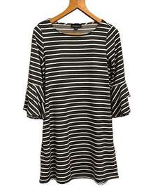 Fortune + Ivy Charcoal Gray w/White Stripes Dress—Bell Cuff Sleeves—Size Small