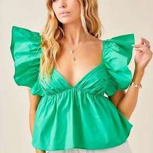 NEW NWT Day + Moon Kelly Green Tie Back Ruffle Sleeve Babydoll Top