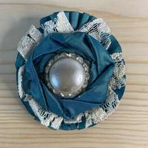 Vintage Blue Satin Lace Silver Pearl Prom Corsage Brooch Pin