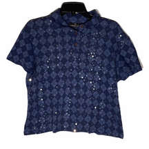 Carole Little Shirt Womens Large Blue Lattice Sequins Collared Short Sleeve Knit