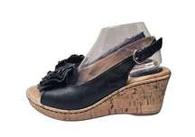 Born Blossom Black Leather Slingback Open Toe Cork Wedge Shoes Women's Size 9M