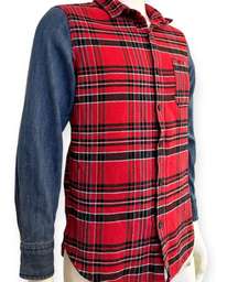 Red Plaid Flannel Denim Button Up Longsleeve Shirt