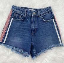 Mango High Waisted Festival Striped Jean Shorts 2 cut off denim concert rocker