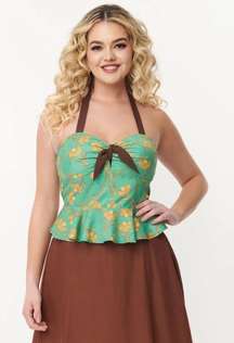 NWT UNIQUE VINTAGE X Smiley Green  Peplum Halter Top LARGE