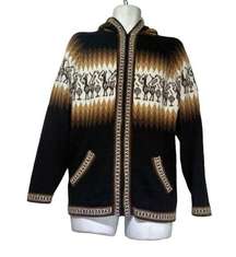 Artisan full zip Alpaca Emu Black Tribal Brown Hooded Sweater Size XL Mexico