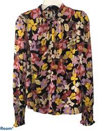 Who What Wear Black Floral High Neck Silky Blouse size XS