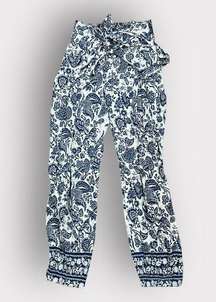 Calypso St. Barth Silk Harem Cropped Pant | XS | Cream Blue Print