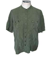 Erin London Olive Green Button Front Short Sleeve Utilitarian Top Women’s Size S