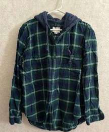American Eagle women's large long sleeve hooded blue / green plaid top