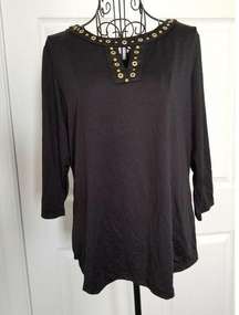 Coral Bay Women's Black 3/4 Sleeve Top Split neck W/ Gold Stud Accent Size (S)