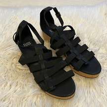 Eileen Fisher Black Leather Gladiator Wedge Sandals