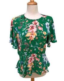 LOFT Floral Peplum Top Shirt Short Sleeves Green Floral Lightweight Career Sz 6