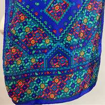 Vintage Blue Scarf Floral Geometric Pattern Long Rectangular Unique Retro Fun‎