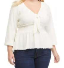 TRUE CRAFT Plus Size Smock Waist Peasant Top in Ivory Bow Tie Detail Blouse