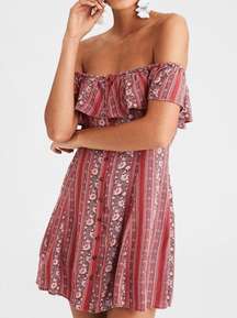 Boho Dress Ruffle Off The Shoulder Rose Pink Button Front