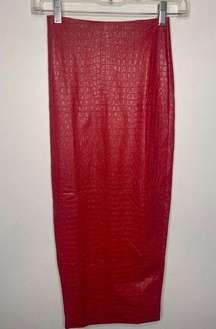 Naked Wardrobe Women's Size XS Crocodile Midi Skirt Red Vegan Leather Slit NWT