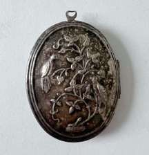 Antique locket silver pewter engraved embossed birds flowers resin mirror Victorian 