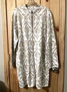 Chico’s size 3 (XL) open-front cardigan in cream and tan with gold threading