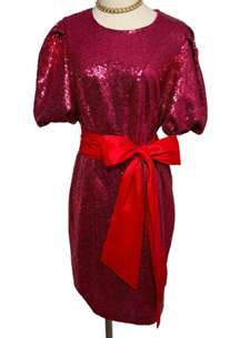 NY & Co Sequin puff sleeve mini dress magenta pink red sash bow size large L