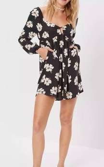 AE Black Floral Long-Sleeve Ring-Front Mini Dress