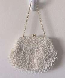 Vintage 1950s  LTD White Pearl Beaded Scalloped Shell Silk Evening Bag