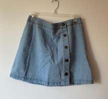 light blue denim mini skirt with