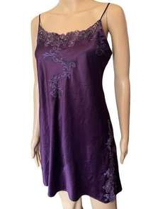 Natori Purple Silky Satin Luxury Floral Lace Lingerie Mini Slip Chemise Dress