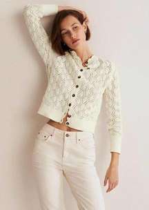 Boden Ivory Scallop Crochet Button Front Cotton Cardigan Sweater Size 2