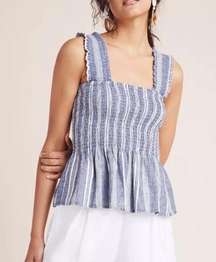 Anthropologie Maeve Schuyler Smocked Blue & White Striped Peplum Top Sz M