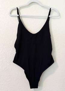 Textured Crinkle Scoop Low Back High Cut Swim One Piece in Black Size M